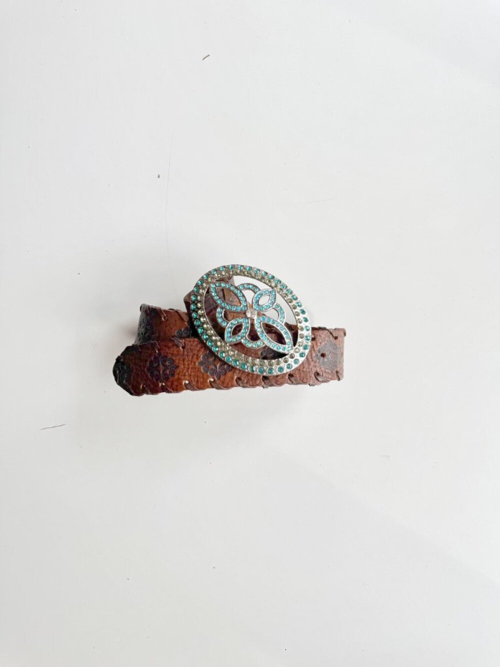 Vintage LANDES Floral Embossed Leather Large Crystal Buckle Hip Belt, Size M